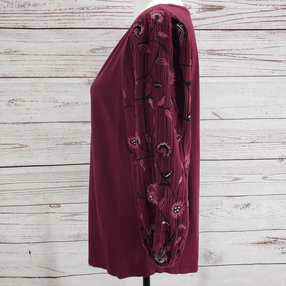 Chico's Women's Burgundy Floral Embroidery Long Sleeve Top Size 3 - Picture 3 of 12